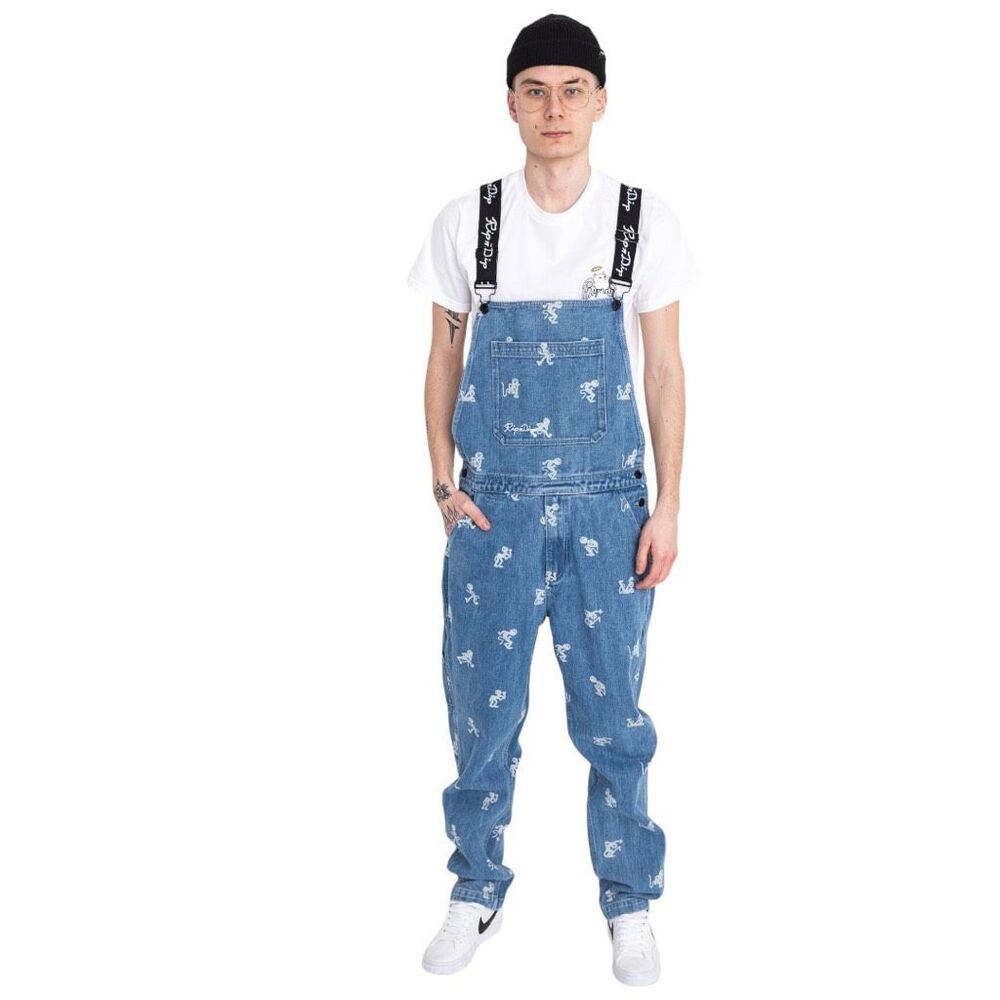 Ripndip Dance Party All over print Light Blue Denim Overalls Sz 29 Unisex Retro